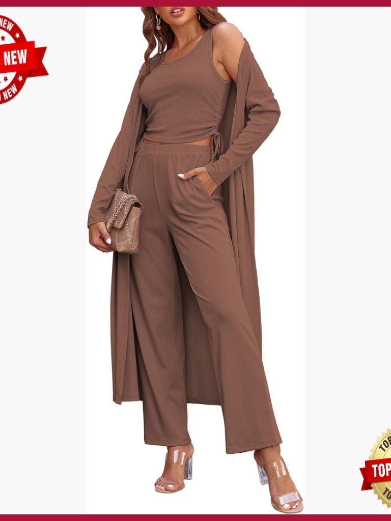 3 Piece Lounge Set Pajama Cardigan Top Pants Sweatsuit S-Xxl